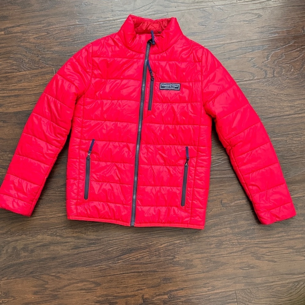Vineyard Vines Kids Bright Red Puffer Jacket with Blue Accents - Picture 2 of 9